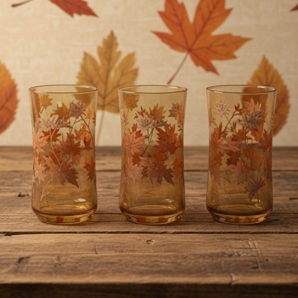 Libbey Autumn Leaves Tumblers, Set of 3, Vintage Amber Glasses, Drinkware